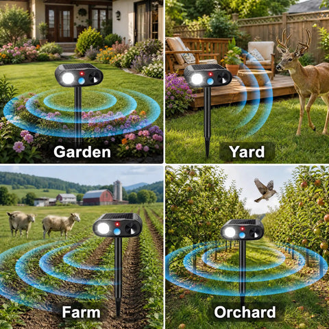 Solar Ultrasonic Animal Repeller With Motion Sensor Light Outdoor Deterrent To Keep Deer Raccoons Squirrels Rabbits Skunks Out Of Your Garden Easy Install Weatherproof Durable Yard Guardian staked in garden and yard