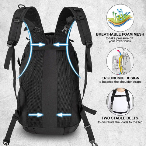 Back view of Rugged 30L Tactical Backpack, padded straps, breathable mesh, ergonomic design, military-grade water-resistant 900D nylon