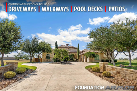 Water Based Acrylic Concrete Sealer And Paver Protector With Cure And Seal Formula Low Gloss Guard 5 Gallon Barrel Hardcore Blend For Driveways in landscaped driveway setting.