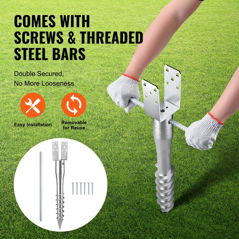 Heavy Duty Ground Screws For Fence And Mailbox Posts 4 Pack With Included Lag Bolts Solid Steel installed with threaded steel bars
