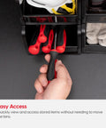 Person accessing tools from Large Stackable Plastic Shelf Bins 8 Pack Open Front Organizer For Parts Tools Hardware Pantry Garage 13 Inch Long By 6 Inch Wide By 5 Inch High Made In USA Black