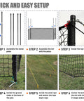 Steps showing setup of Upgraded All In One Baseball Batting Cage With Steel Frame And Net 22 By 12 By 8 Feet for backyard use