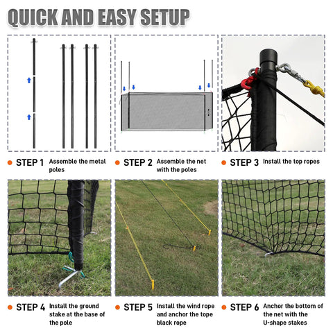 Steps showing setup of Upgraded All In One Baseball Batting Cage With Steel Frame And Net 22 By 12 By 8 Feet for backyard use