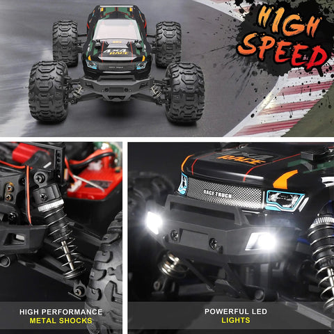 Front view of 1/16 scale 2.4GHz 4x4 RC monster truck with LED lights and metal shocks, highlighting off-road capability.