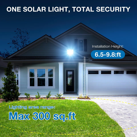 Front view of house illuminated by IP66 Waterproof Solar Street Lights With Motion Sensor And Remote, 6500K Dusk to Dawn Security Flood Lights