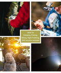 Collage showing Clip On Cap Light 120H LED Rechargeable Headlamp in camping, fishing, trekking use, waterproof USB C hat light