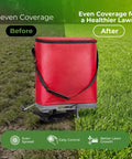 25 Lb Handheld Seed Spreader With Enclosed Metal Gears on lawn, featuring red Oxford bag and shoulder strap
