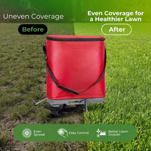 25 Lb Handheld Seed Spreader With Enclosed Metal Gears on lawn, featuring red Oxford bag and shoulder strap