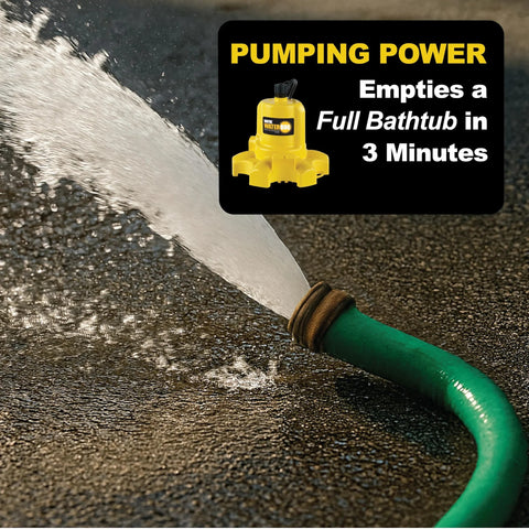 WAYNE WaterBUG 1/6 HP submersible pump with green hose attached, spraying water on a wet pavement.