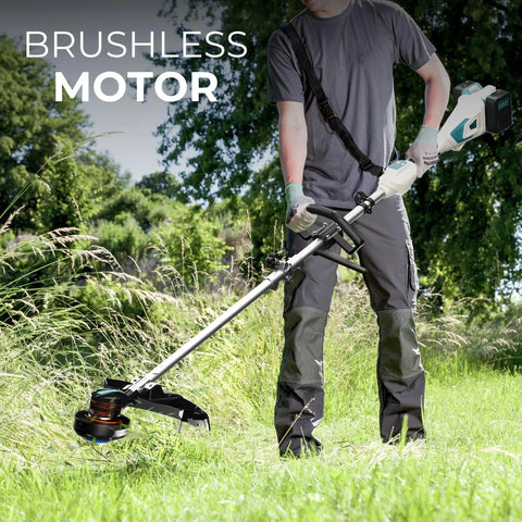 Person using 40V Cordless Brushless String Trimmer Kit With 14 Inch Cut Dual Line Bump Feed Includes Two 4Ah Batteries in yard