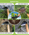 Next Gen Japanese Weeding Sickle And Razor Hand Hoe demonstrating multiple uses in garden bed weeding, root and bark removal.