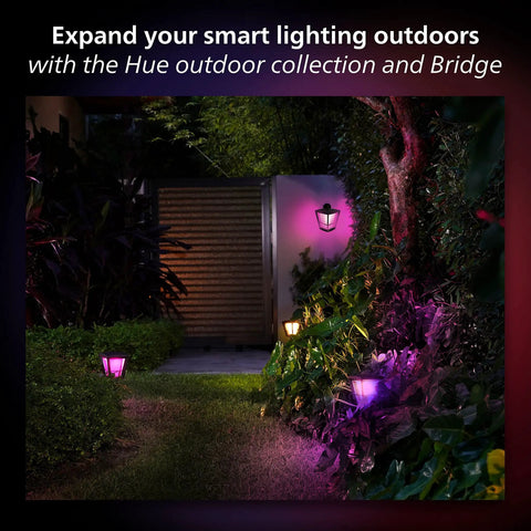 Garden illuminated by Discover Outdoor Smart Flood Light Fixture Black 15W Lit Color Changing LED, Hue Bridge required