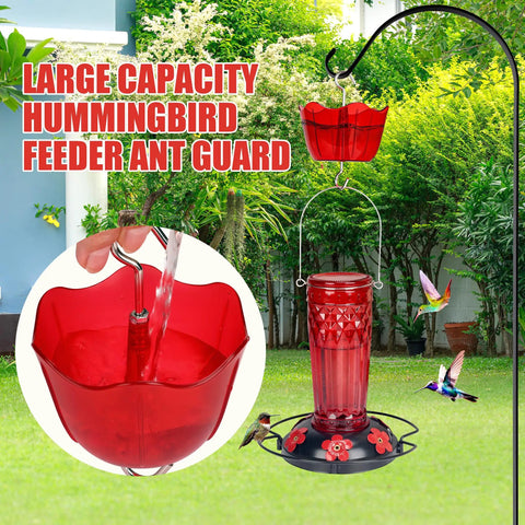 Hummingbird Feeder Ant Moats 4 Pack 5 Oz High Capacity Ant Guard Cups installed above red feeder on garden hook