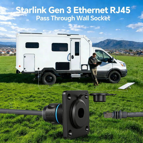 Waterproof Pass Through RJ45 Wall Socket For Starlink Gen3, CAT6 Ethernet, installed on RV camper trailer in field, IP68 rated