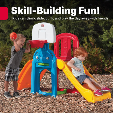 Kids Indoor Outdoor Playset With Slide Climbing Wall Basketball Hoop And Jungle Gym For Toddlers Aged 2 To 6 Years Old Backyard Playground All In One Fun, featuring children playing on a colorful slide and basketball hoop.