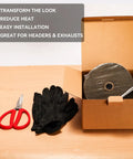 2 Inch By 16 Foot Titanium Fiberglass Exhaust Heat Wrap Roll With Heat Shield Tape Kit Includes 10 Stainless Zip Ties Gloves Red Measuring Tool And Setup Manual For Motorcycle Car And Truck For All Rides. Open box with contents displayed on a wooden table, including a roll of heat wrap, red tools, gloves, and zip ties.