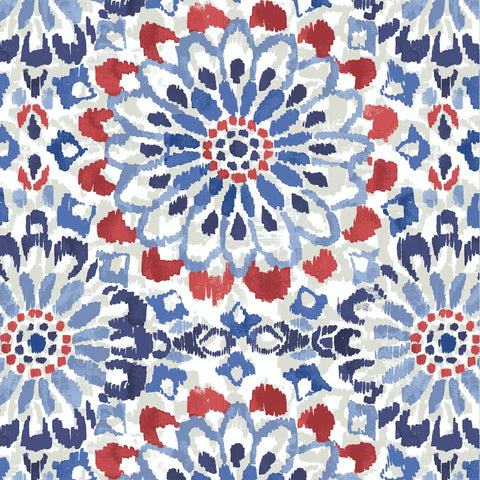 Patterned fabric in red, blue, and white with floral motifs, suitable for outdoor use in the Outdoor Deep Seat Cushion Set.