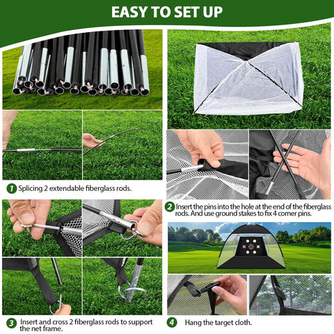 Step-by-step assembly guide for 10x7 Foot Practice Golf Net Kit With Tri Turf Mat Balls Tee Carry Bag And All In One Training Aid.