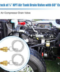 2 Pair Manual Air Tank Drain Valve Plug 1/4 NPT With 60 Inch Cable, installed in an air compressor setup, displaying two valves.