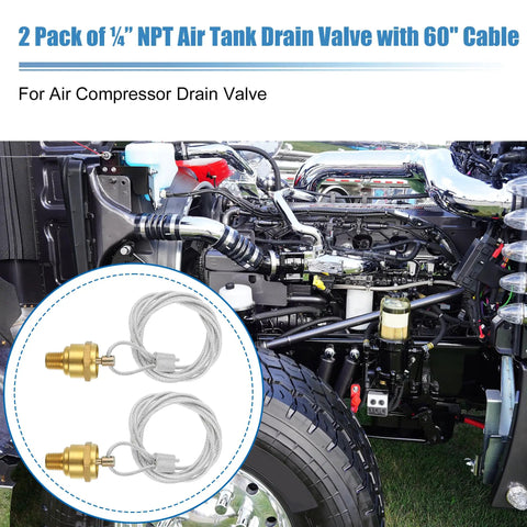 2 Pair Manual Air Tank Drain Valve Plug 1/4 NPT With 60 Inch Cable, installed in an air compressor setup, displaying two valves.