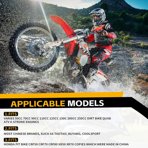 Dirt bike rider crossing water, showcasing versatility for 50cc-250cc engines. Text highlights applicable models for GY6 engines.
