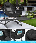 Hammock Camping Chair With Detachable Footrest And Cup Holder by poolside, foldable, with adjustable recline and pillow.