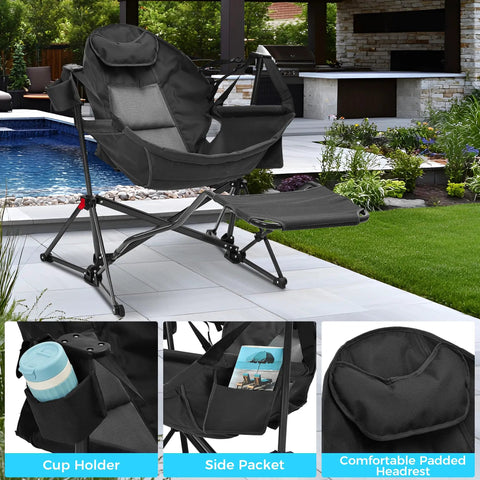 Hammock Camping Chair With Detachable Footrest And Cup Holder by poolside, foldable, with adjustable recline and pillow.