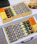 Expandable Bamboo K Cup Holder For Drawer Or Countertop Coffee Pod Storage Organizer filled with K-Cups and tea bags