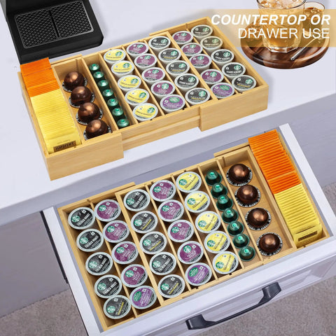 Expandable Bamboo K Cup Holder For Drawer Or Countertop Coffee Pod Storage Organizer filled with K-Cups and tea bags