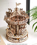 Dope DIY Mechanical Carousel Kit With Self Assembly, Wind Up Rubber Band Motor, Moving Horses And Birds, Laser Cut Wooden Parts, No Glue Needed, STEM Craft For Kids And Adults, Desktop Display Toy For Fun And Learning, wooden carousel on desk