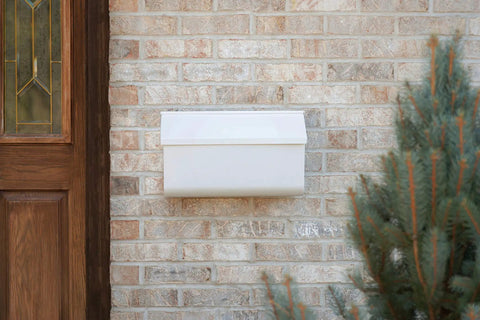 Woodlands Wall Mount Mailbox Medium Capacity Galvanized Steel With White Powder Coat Durable Outdoor Mailbox on brick wall