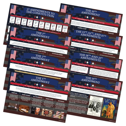 Eight Poster Set Covering 27 Amendments To The US Constitution With Bill Of Rights Included For Classrooms And Teachers, 12 By 18 Inch Posters Made In USA Social Studies Learning Tools displayed overlapping