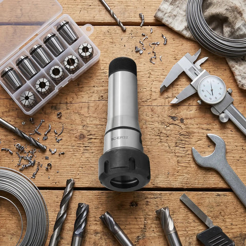 5C ER32 Collet Chuck Tool Holder With Spring Pincer Mandrel For Milling Machines on workbench with tools and collets