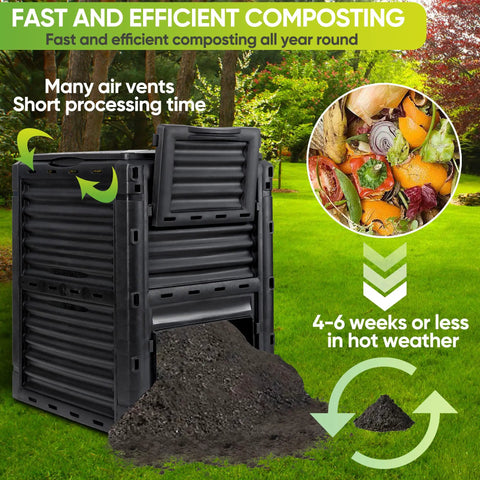 80 Gallon Outdoor Compost Bin With Top Flip Lid Includes Gloves Large Aerating Garden Box For Yard Waste Easy Exit Door BPA Free Material Black Turns Scraps Into Rich Compost Fast