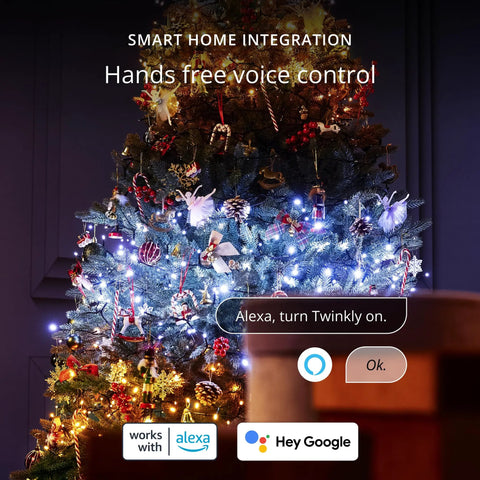 Smart LED String Lights 400 LEDs for Indoor and Outdoor Use, 105ft Long, displayed on a Christmas tree, Alexa and Google Home Compatible.