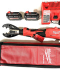 Pro Level Cordless Hydraulic Crimping Cutting Tool With Digital Pressure Tracking And Eight Swappable Jaws, with batteries and case.