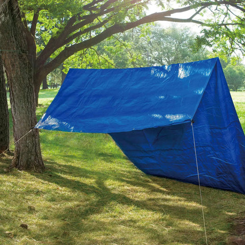 Blue tarp tent set up among trees using Cam Jam Rope Tightener Set For Tents, Easy Rope Length Adjustment And Tension.