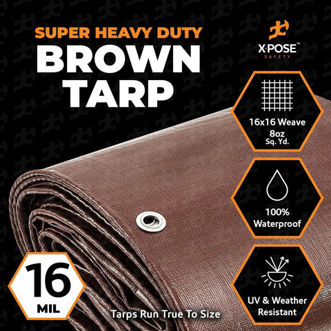12x16 Tough As Nails Brown Poly Tarp Cover 16 Mil Thick Waterproof UV Resistant Tarpaulin With Grommets Reinforced Edges