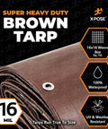 Image of a 15 x 15 Ft Extra Thick Brown Poly Tarp Cover, heavy duty 16 mil, rolled with grommets, showcasing weave and UV resistance.