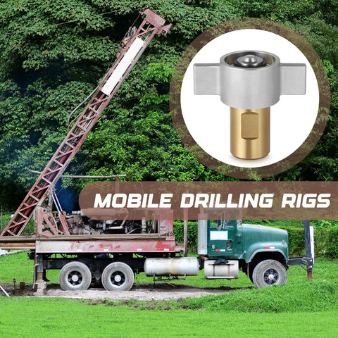Brass 1-in NPT hydraulic quick disconnect female coupler; circular inset on a mobile drilling rig truck