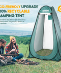Extra Tall Pop Up Privacy Shower Tent For Camping And Beach Trips Easy Up Changing Room And Dressing Space Rain Shelter Sun Shade Canopy Perfect For Hiking Picnics Fishing In Army Green shown set up outdoors near campers with eco-friendly label.
