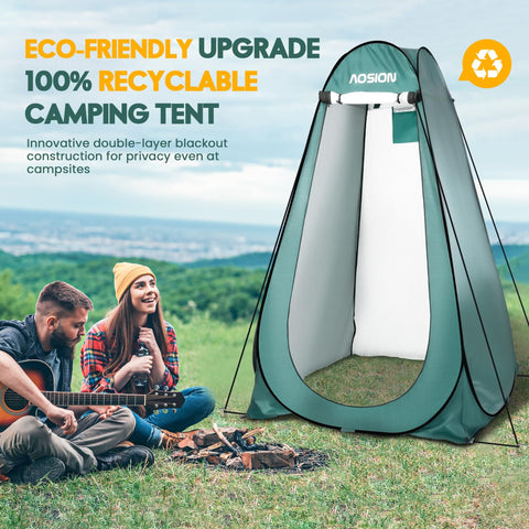 Extra Tall Pop Up Privacy Shower Tent For Camping And Beach Trips Easy Up Changing Room And Dressing Space Rain Shelter Sun Shade Canopy Perfect For Hiking Picnics Fishing In Army Green shown set up outdoors near campers with eco-friendly label.