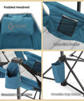 Foldable Hammock Style Camp Chair with detachable footrest and padded headrest. Features cup holders and side pocket.