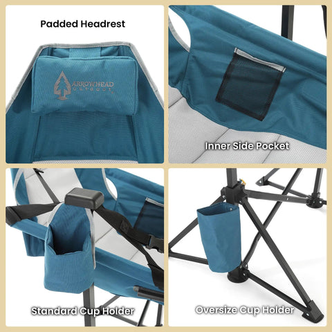Foldable Hammock Style Camp Chair with detachable footrest and padded headrest. Features cup holders and side pocket.