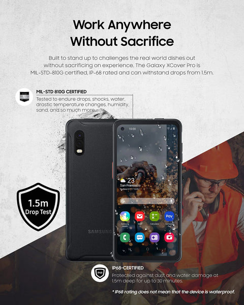 Galaxy Xcover Pro Rugged Smartphone Hella Durable Ip68 Waterproof Build Dual Sim Unlocked Works With Verizon And At T Sixty Four Gb Memory Glove Ready Touchscreen showing IP68 certification and drop test information.