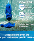 Max CG Cordless Pool Vacuum For Commercial Grade Cleaning And Heavy Duty Power Handheld Rechargeable Swimming Pool Cleaner for inground and above ground pools in use underwater.