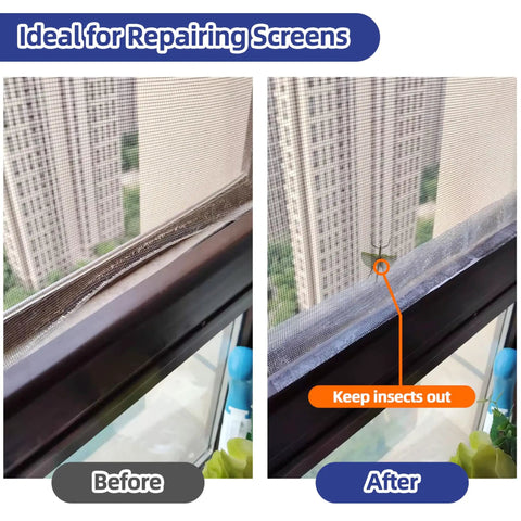 Before and after of Heavy Duty Window Screen Repair Tape 3 Inch By 20 Foot Patch Kit applied to fix screen tear on window.
