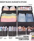 8 Pack Fabric Drawer Organizer Bins with Versatile Multi Size Storage Cubes for Clothing and Gear to Declutter Your Dresser Effortlessly Sleek Black Color with various clothing.