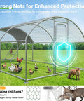 Heavy Duty Metal Chicken Coop With Weatherproof Canopy For Farm And Backyard Use Supporting Chickens Ducks And Rabbits, Rust Resistant Steel Frame, Dome Roof Roosting Perch, 10 Ft Wide By 19.7 Ft Long By 6.4 Ft High, shown in a grassy field with chickens inside.
