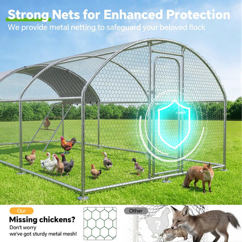 Heavy Duty Metal Chicken Coop With Weatherproof Canopy For Farm And Backyard Use Supporting Chickens Ducks And Rabbits, Rust Resistant Steel Frame, Dome Roof Roosting Perch, 10 Ft Wide By 19.7 Ft Long By 6.4 Ft High, shown in a grassy field with chickens inside.